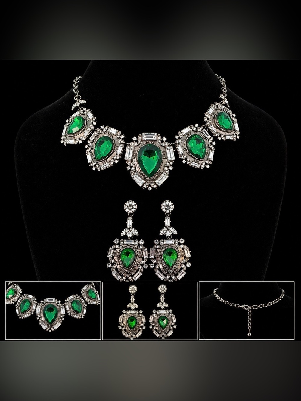 Vintage inspired Art Deco Style Green Crystal Necklace & Earrings Statement Set
